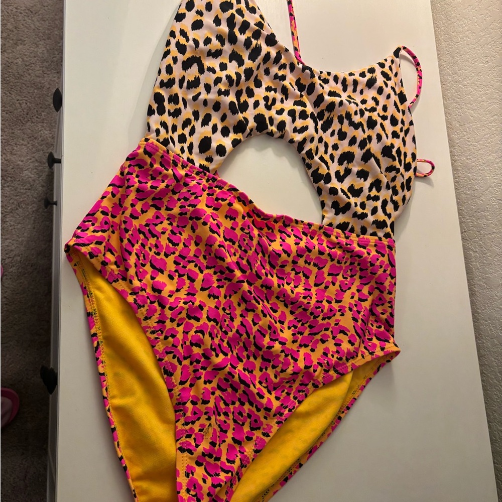 Arizona Jean Company Leopard Print One Piece Swimsuit - Pink and Yellow